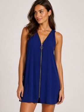 Amanda Uprichard Silk Cobalt Zip Front Shift Dress Sleeveless Mini Medium
